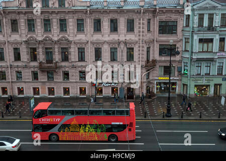 Aerial view of the city sightseeing tour bus at the central city street Nevsky Prospect in Saint Petersburg, Russia Stock Photo