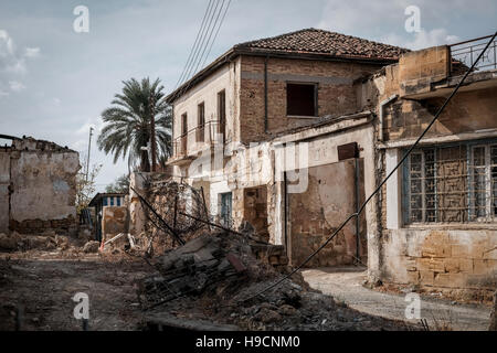 An abandoned street in the UN buffer zone between Greek Cypriot and Turkish Cypriot areas in Nicosia, Cyprus. Stock Photo