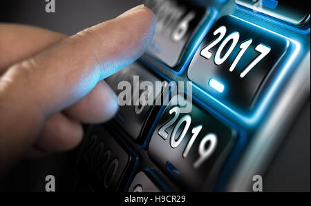 Finger about to change year to 2017 by pressing a button. Composite between an image and a 3D background Stock Photo
