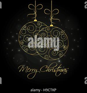Abstract golden hanging christmas balls. Merry Christmas greeting card design template Stock Vector