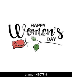 Happy Women's Day handwritten lettering. Modern vector hand drawn calligraphy with abstract rose isolated on white background Stock Vector