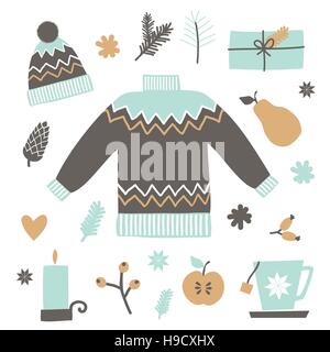 A set of Christmas design elements in brown, light blue and yellow, isolated on white background. Scandinavian style winter season greeting card, broc Stock Vector