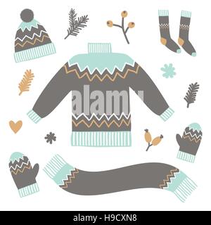A set of Christmas design elements in brown, light blue and yellow, isolated on white background. Scandinavian style winter season greeting card, broc Stock Vector