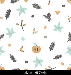 Winter seamless pattern with berries, snowflakes, branches and pinecones in light, blue, brown and yellow on white background. Stock Vector