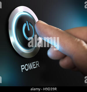Finger about to press power button on a computer. Composite between an image and a 3D background Stock Photo