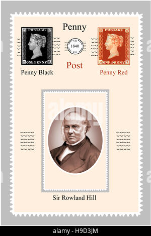 Sir Rowland Hill with a Design of Early Postal Stamps Stock Photo