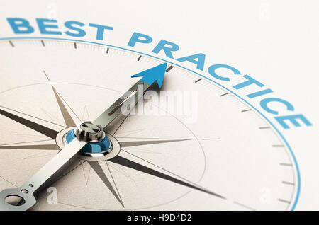 3D illustration of a compass with needle pointing the text best practice Stock Photo