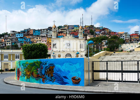 Guayaquil, Ecuador - January 21, 2014: View of the town of Guayaquil with church and colorful houses in Ecuador, South America. Stock Photo