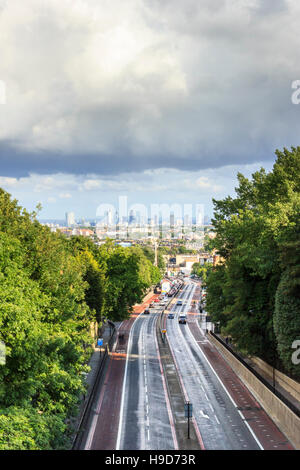 View South along Archway Road to the City of London, from Hornsey Lane Bridge, North Islington, London, UK Stock Photo