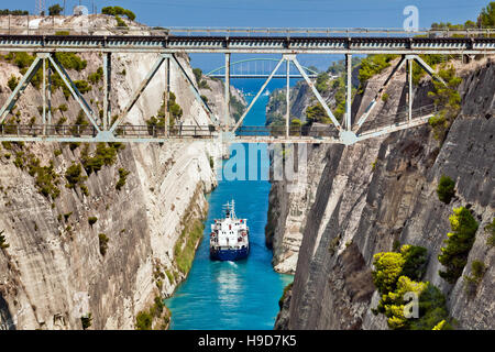 Ship cross The Corinth Canal Stock Photo