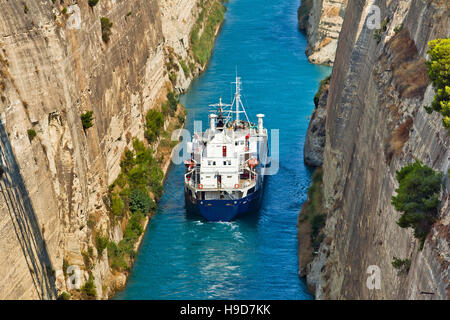 Ship cross The Corinth Canal Stock Photo