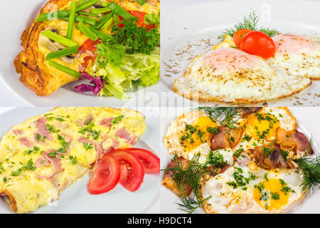 image set illustrating frur types of fried egg and omelette for breakfast Stock Photo