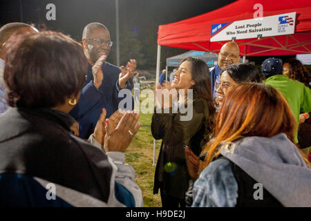 The multiracial faithful gather in Mission Viejo, CA, for an nighttime open air prayer service as part of The National Day of Prayer, an annual day of observance held on the first Thursday of May, designated by the United States Congress, when people are Stock Photo