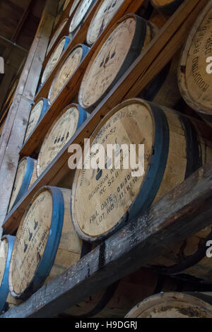 Versailles, KY, USA - October 19, 2016 :  Oak barrels aging in Rik house of Woodford Reserve Bourbon Distillery. Stock Photo