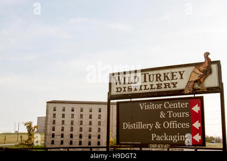 Lawrenceburg, KY, USA - October 19, 2016 : Entrance sign in front of Wild Turkey Bourbon Distillery with rik house in background. Stock Photo