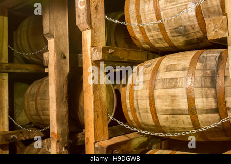 Bourbon barrels in rik house warehouse. Stock Photo