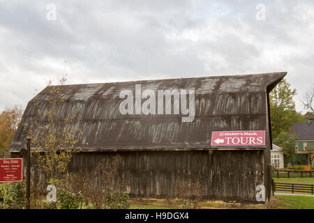 Loretto, KY, USA - October 21, 2016 :  Maker's Mark Distillery tour sign of side of rustic barn, Stock Photo