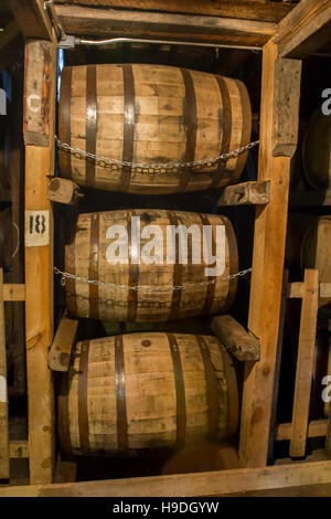 Bourbon barrels in rik house warehouse. Stock Photo