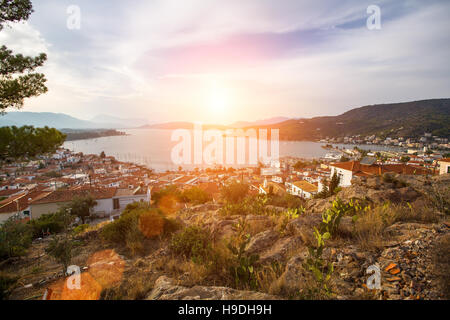 Panorama of the island of Poros at sunset, Greece. Stock Photo
