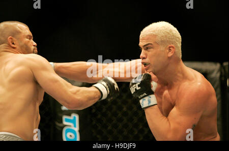 Tito Ortiz, right, fights Chuck Liddell at the Ultimate Fighting Champion Championship UFC 66 at the MGM Grand Garden Arena in Las Vegas on December 30, 2006. Photo credit: Francis Specker Stock Photo