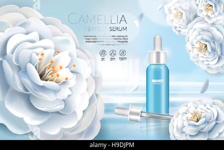 Camellia cosmetic ads, elegant white camellia with droplet bottle, 3d illustration Stock Vector