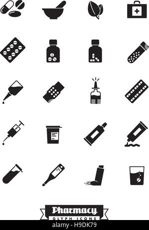 Collection of solid black pharmacy and medicine glyph icons Stock Vector