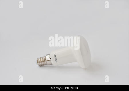 LED bulb 50 V 5 Watt E17 on white background. Stock Photo