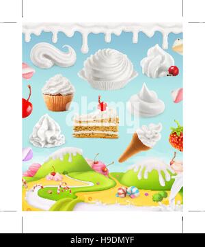 Whipped cream, milk, cream, ice cream, cake, cupcake, candy, mesh illustration Stock Vector