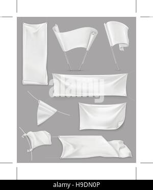 White banners and flags, illustration mesh, vector set mockup Stock Vector