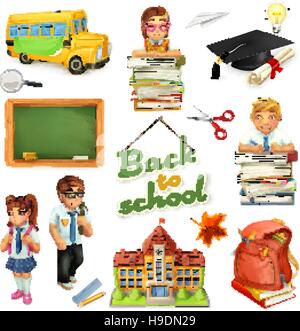 School and education. 3d vector icon set. Funny cartoon characters and objects. Greetings text Back to school for invitation flyers and posters Stock Vector