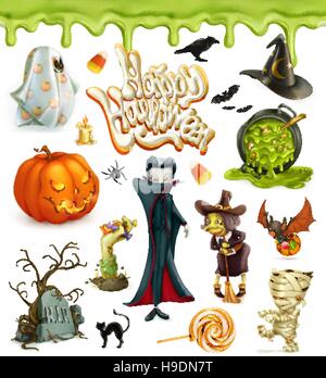 Halloween 3d vector icons. Pumpkin, ghost, spider, witch, vampire, candy corn. Set of cartoon characters and objects, greetings text Happy Halloween f Stock Vector