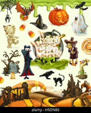 Halloween 3d vector illustrations. Pumpkin, ghost, spider, witch, vampire, zombie, grave, candy corn. Set of cartoon characters and objects, greetings Stock Vector