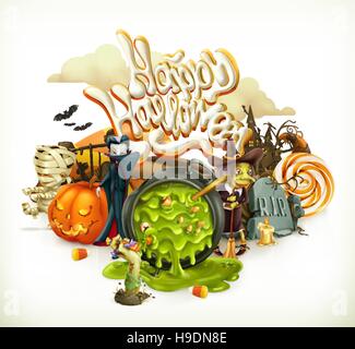 Halloween 3d vector invitation. Pumpkin, witch, vampire, candy corn. Set of cartoon characters and objects, greetings text Happy Halloween for flyers  Stock Vector