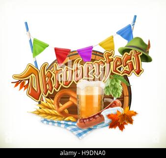 Munich Beer Festival Oktoberfest, the vector can also be used by any beer manufacturers. Barrel, pretzel, beverage, hop, grain, sausage, hat Stock Vector