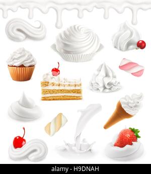 Whipped cream, milk, ice cream, cake, cupcake, candy. Sweet 3d vector icon set Stock Vector