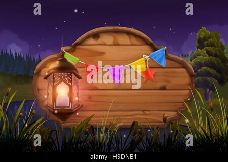 Wooden sign and lamp. Night party. Nature landscape. Vector background Stock Vector