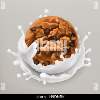 Chocolate cookies and milk splash. Realistic illustration. 3d vector icon Stock Vector