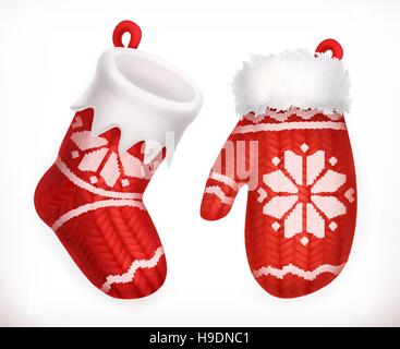 Christmas sock and winter knitted mitten. 3d vector icon Stock Vector