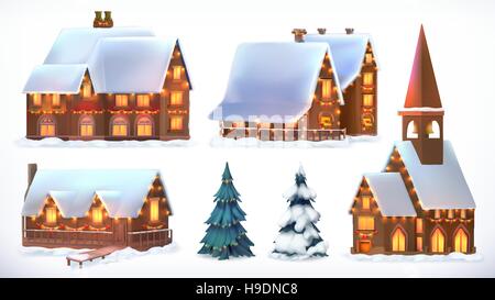 Christmas. Cottages, country houses. Festive Christmas decorations. New Year. Set of 3d vector icon Stock Vector