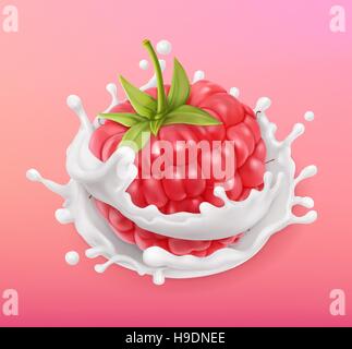 Raspberry and milk splash. Fruit and yogurt. Realistic illustration. 3d vector icon Stock Vector