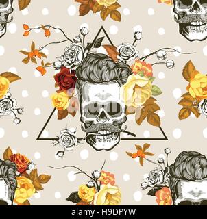 Autumn mood. Hipster seamless pattern with the skulls, autumn flowers and leaves in the background. Skull silhouette in engraving style. Vector. Stock Vector