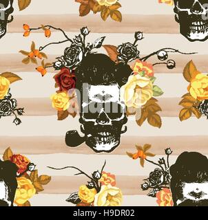 Autumn mood. Seamless pattern with the skulls, flowers and leaves in the background. Skull silhouette in engraving style. Vector illustration Stock Vector