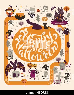 Halloween Party Design template, with the hand drawn lettering within a pumpkin. Fairy map location with the graveyard, cute zombies, ghosts and skele Stock Vector