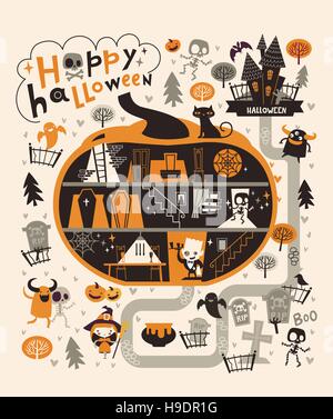 Halloween Party Design template, with the hand drawn lettering within a pumpkin. Fairy map location with the graveyard, cute zombies, ghosts and skele Stock Vector