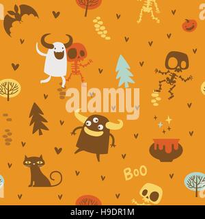 Halloween theme pattern, Cute skeletons and monsters in a forest. Mexican day of the dead theme. Flat Vector illustration Stock Vector