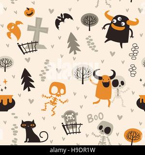 Halloween theme pattern, Cute skeletons and monsters in a forest. Mexican day of the dead theme. Flat Vector illustration Stock Vector