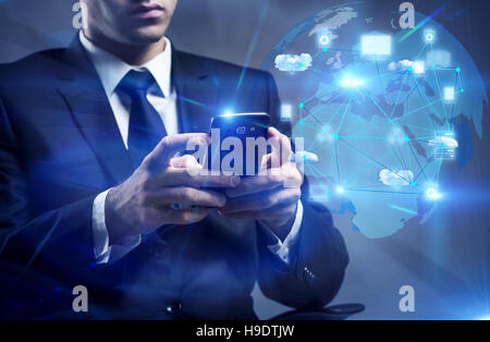Man with phone in cloud computing concept Stock Photo