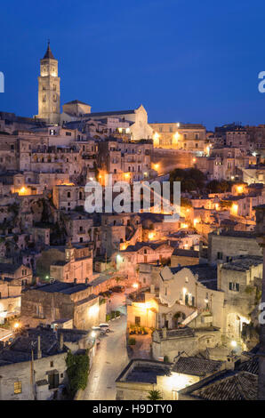 Matera, high definition view of Sasso Barisano at twilight Stock Photo