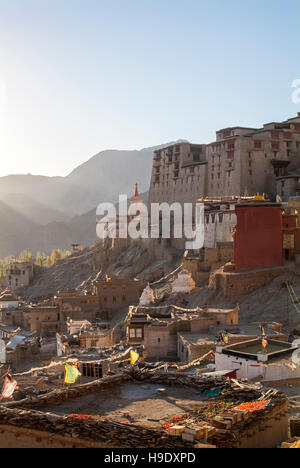 Stone villages creep up a mountain side in the old town of Leh, the capital of Ladakh, a former Tibetan kingdom. Stock Photo