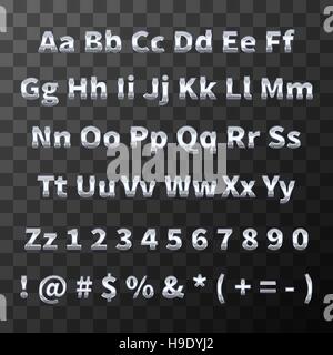 Glossy metal font. Chromium latin letters and numbers on transparent background Stock Vector